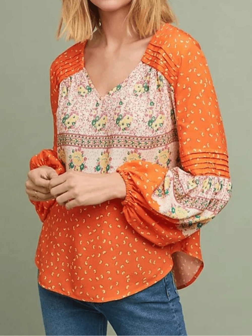 Maeve Anthropologie Ceresco Peasant Blouse Orange Floral Cottagecore Bell Sleeve